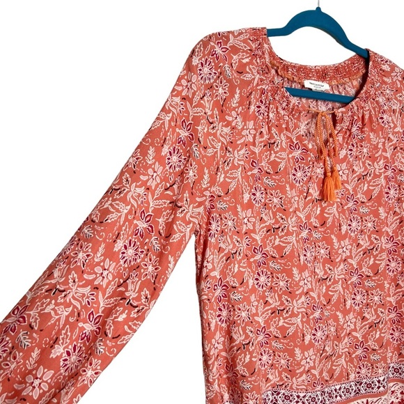 BeachLunchLounge Louisa Peach Boho Floral Tassel Tie Neck Blouse - Picture 2 of 12